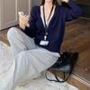 Zhao Lusi Style Navy Blue Zip-Up Knit Cardigan for Women
