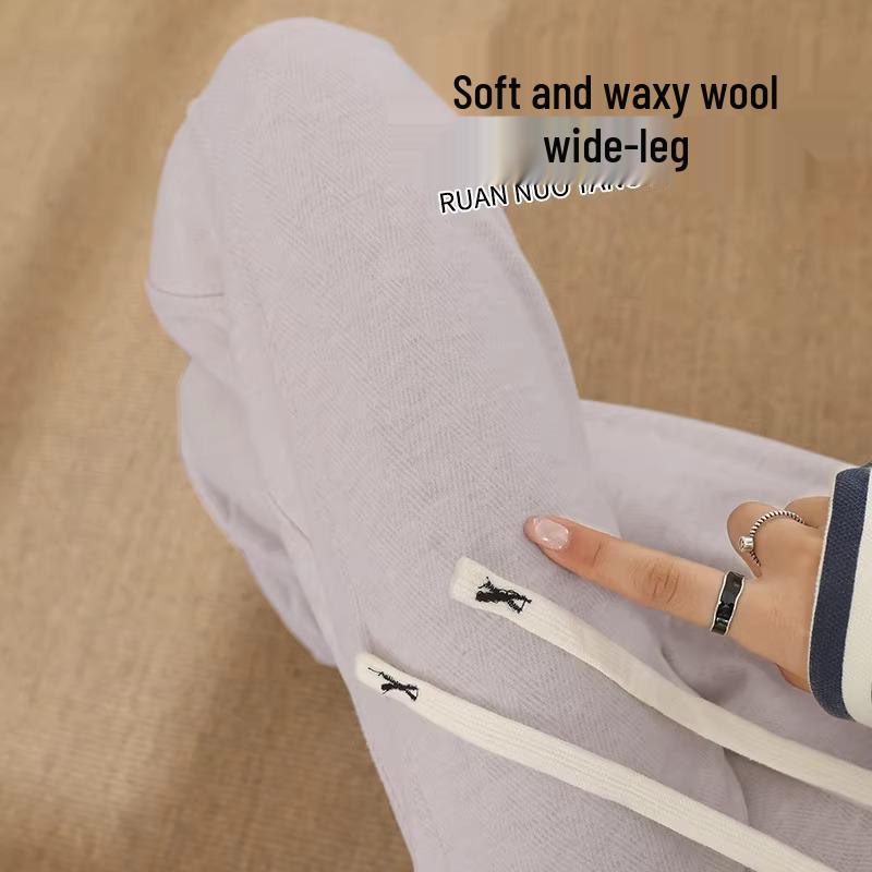 Oatmeal Herringbone Fleece Wide-Leg Pants for Women - Autumn/Winter Slim Fit