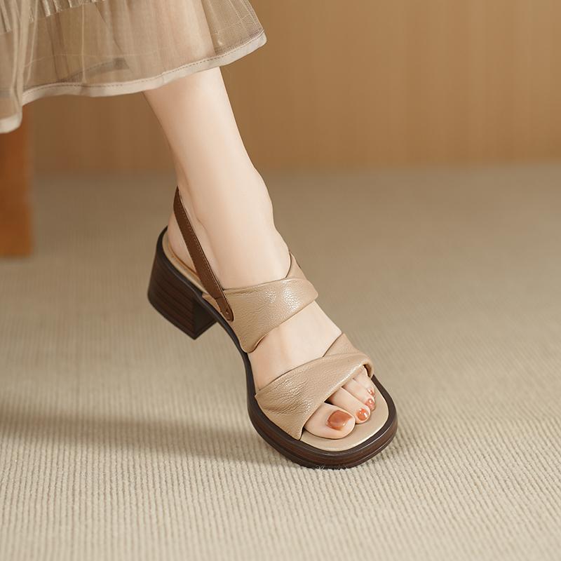 Fashion Retro Genuine Leather Women Sandals 2025 Summer New Shoes Open Toe Rome Style High Heels Fashion Buckle Gladiator Shoes Woman