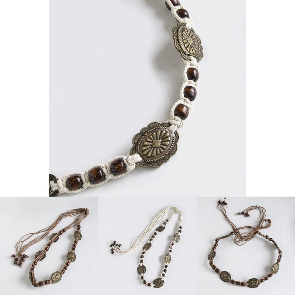 Bohemian Style Metal And Wooden Bead Decor Women Woven Belt For Casual Summer Vacation