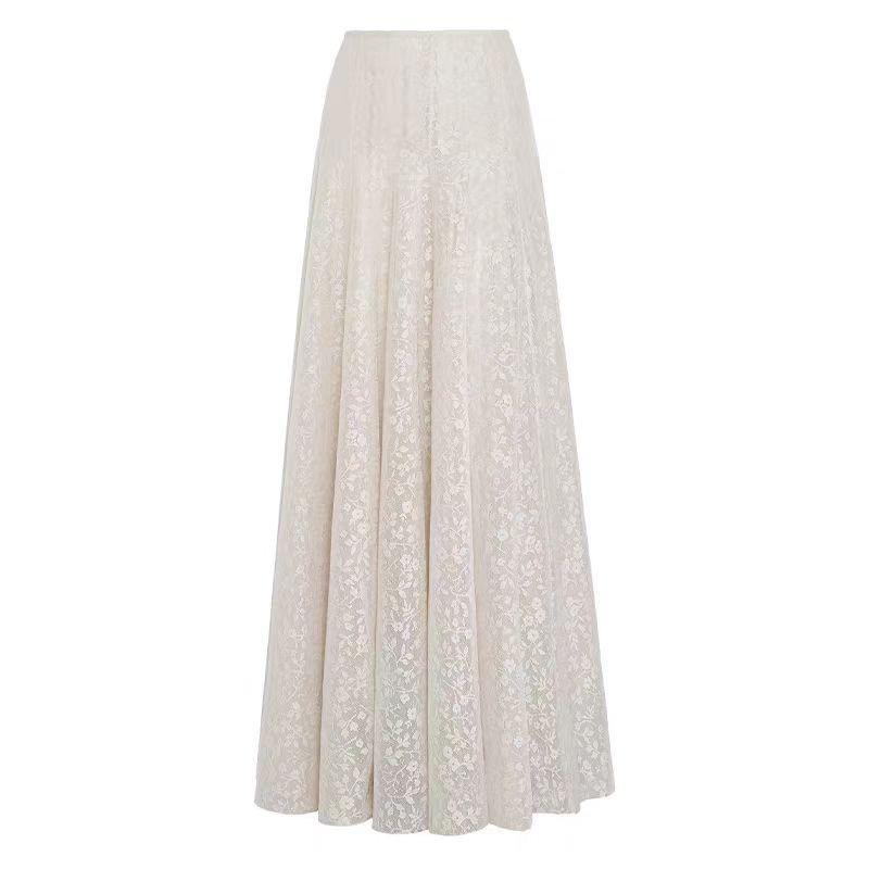 Gentle Style Two-Piece Set: Elegant Floral Lace Shirt & Pleated Long Skirt