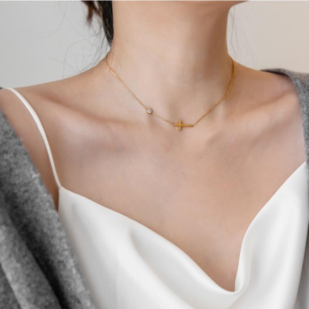 

Крест в форме золотого креста, ожерелье из титановой стали, одинарный браслет-цепочка, циркониевая цепочка на ключицу для женщин