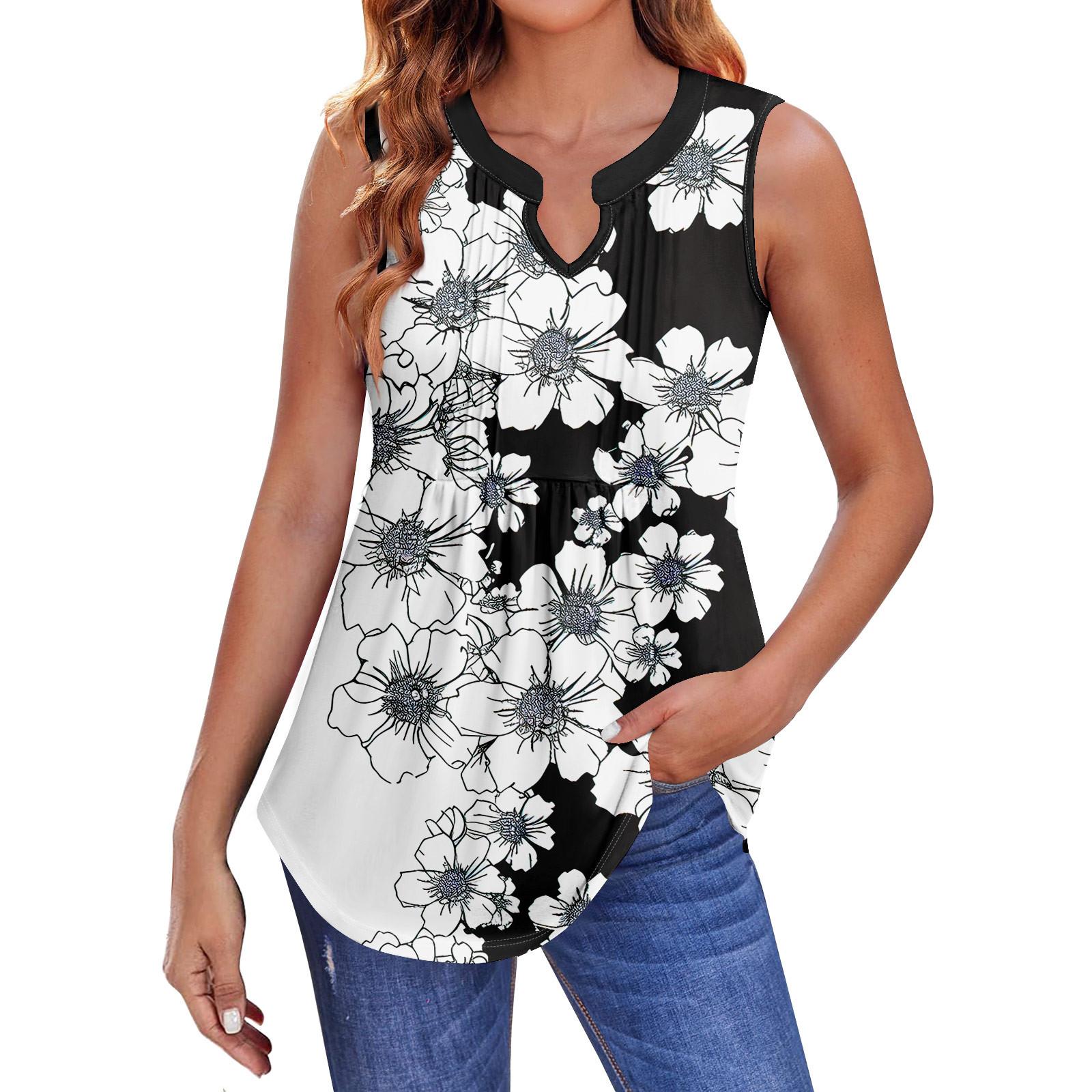 

Женские летние майки с V-образным вырезом и принтом, повседневные майки для женщин, свободные рубашки-туники без рукавов L чёрный