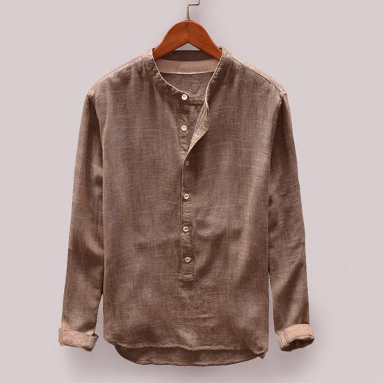 Men Shirt Stand Collar Solid Color Soft Single-breasted Buttons Breathable Long Sleeves Plus Size Casual Wear-resistant Men Tops for Daily Wear