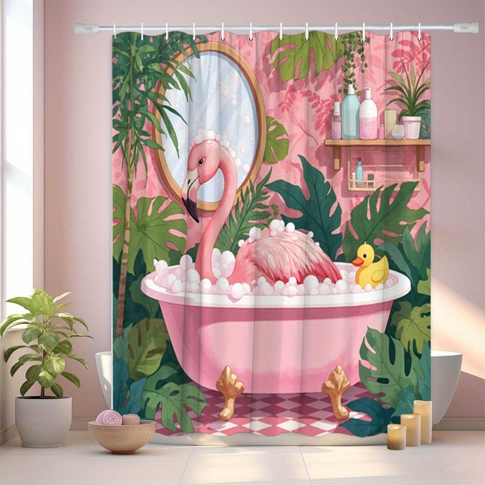Pink Flamingo Bathtub Shower Curtain Machine Washable All Season Waterproof Privacy Protection Tropical Design Cute Quick Setup