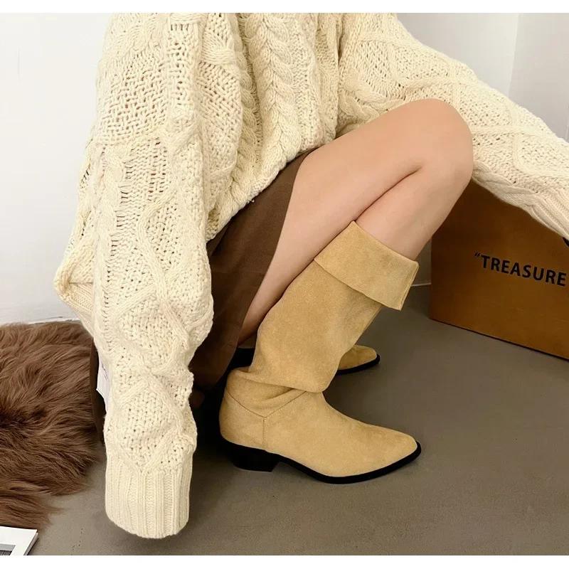 Fashionable Long Tube Boots Women's French Vintage Stack Boot Pointed Toe Western Cow Velvet Interior Knee High Boots