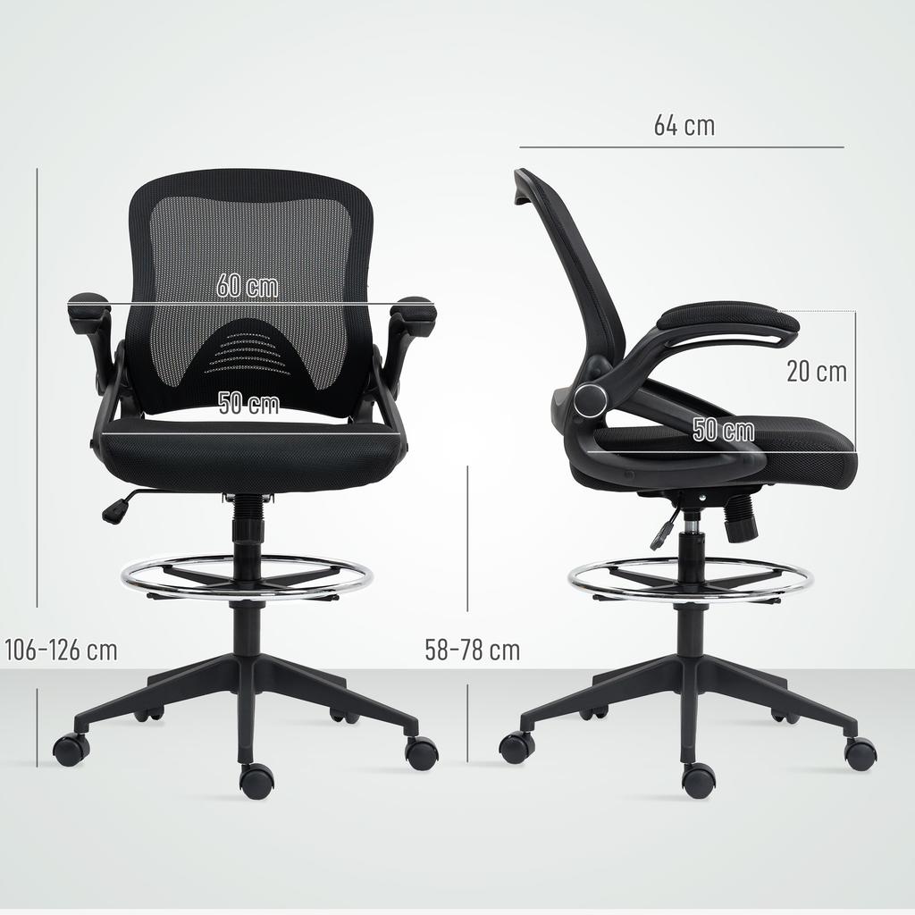Drafting Chair with Flip-up Armrest, Mesh Office Stool with Foot Ring, 360 Degree Swivel Height Adjustable Chair for Standing Desk, Black