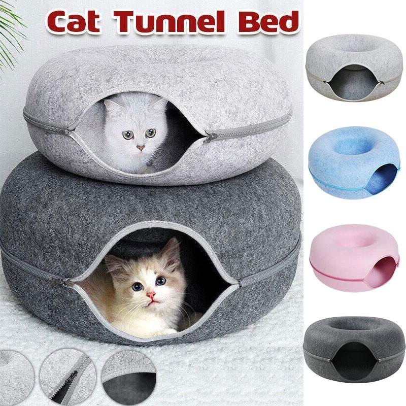 Bed Tunnel Cat Felt Pet Puppy Nest Cave House Round Donut Interactive Toy Play