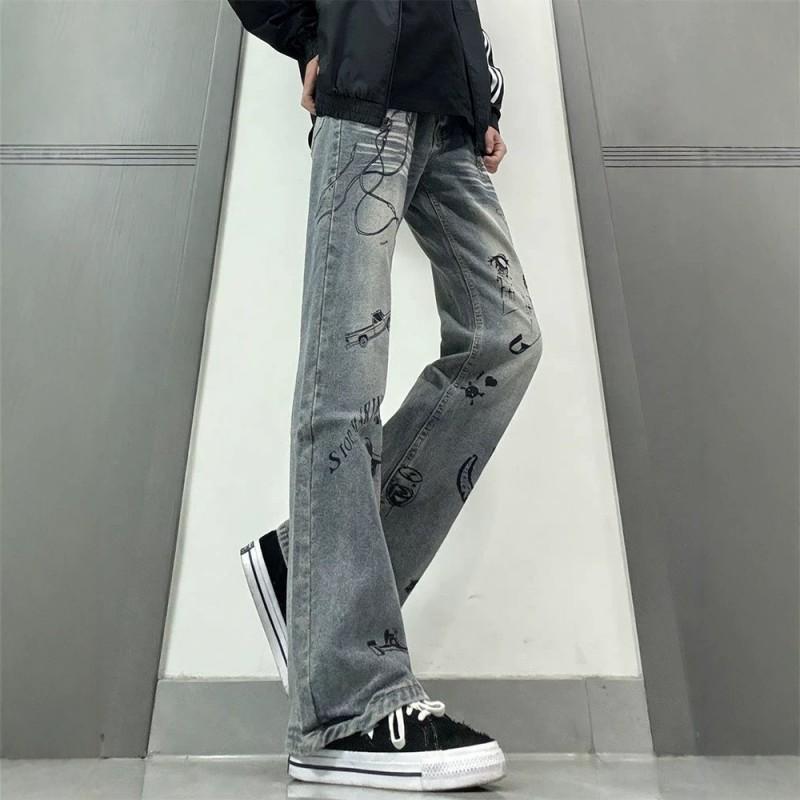 Mens Jeans Streetwear Vibes Slim Fit Loose Straight Leg Graffiti Fashion Denim Pants
