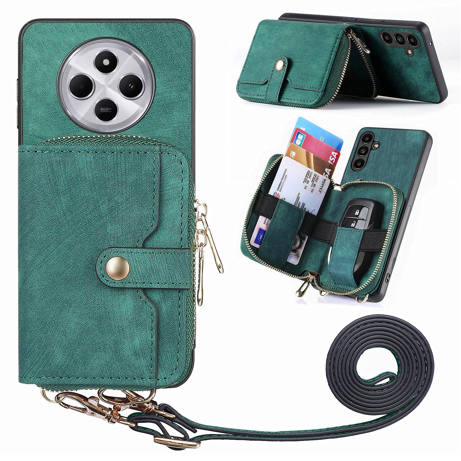 

Zipper Wallet Phone Case For Xiaomi Redmi 14C 4G/14R 5G/Poco C75 4G Leather Kickstand Back Cover with Shoulder Strap Green