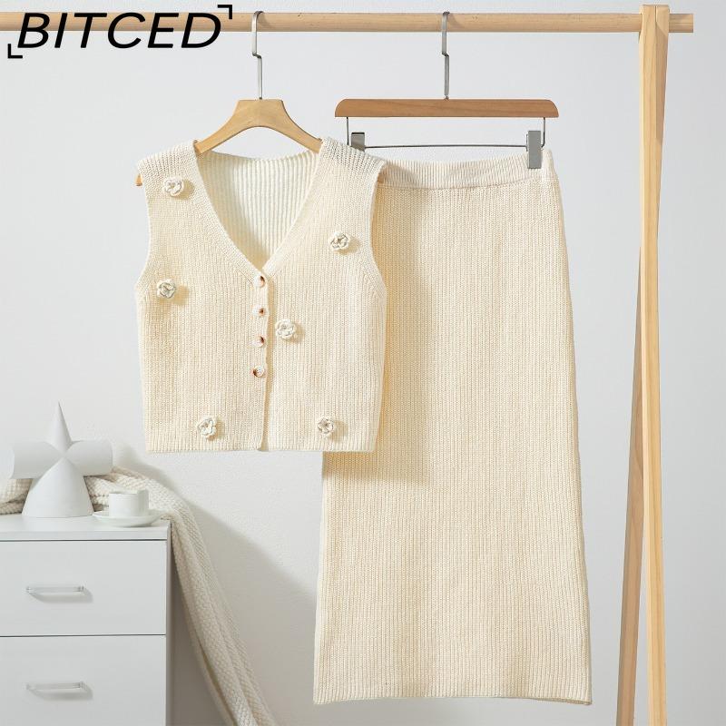 BITCED Spring/Summer 3D Floral Knit Waist-cinched Dress with Sleeveless Vest Top Two-Piece Set