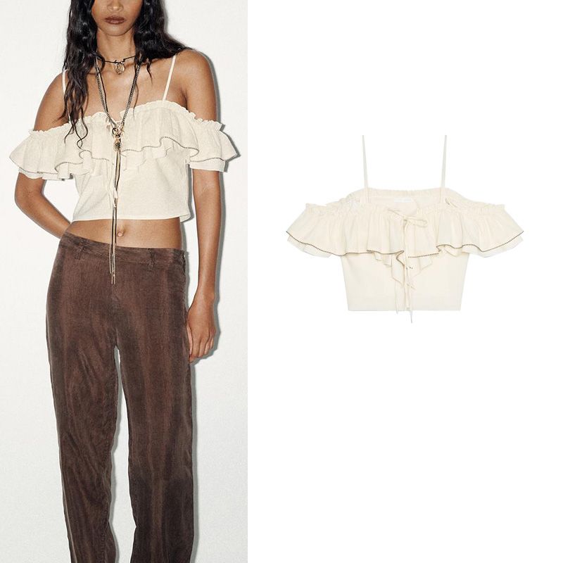 Summer New Product Women's Clothes Laminated Decoration Straight Collar Beaded Strapless Fashion Elegant Short Top 4770308