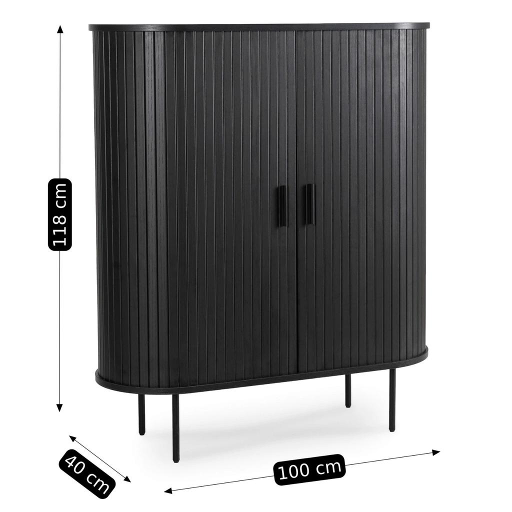 Trish Tall Sliding Chest Of Drawers 100 Cm Black Two-Door Grooved Modern
