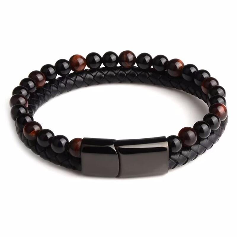 Men Double 21cm Layered Volcanic Stone Beaded Bracelet Alloy Clasp Leather Faux