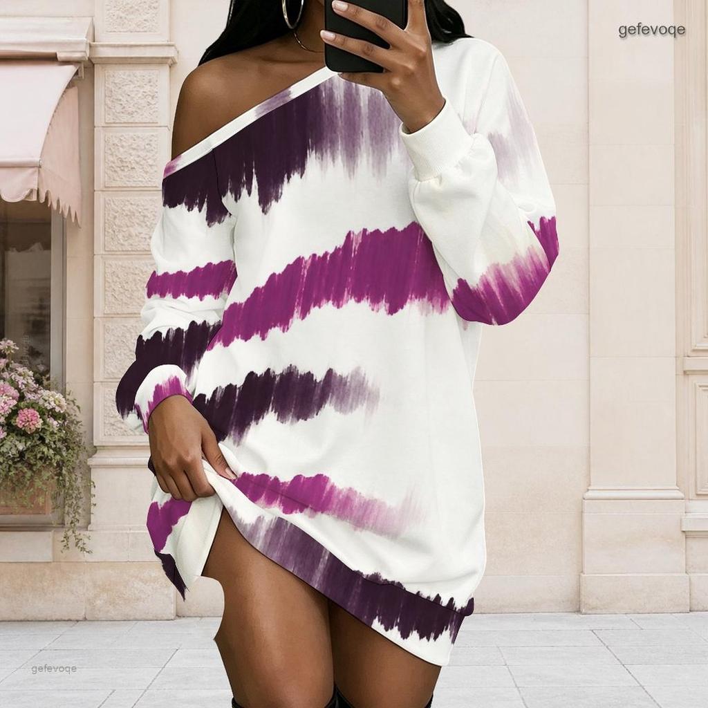 Women Plus Size Off Shoulder Long Sleeve Blue Gold Marble Print Loose Short Dress