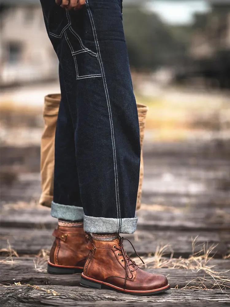 Motorcycle Boots American Casual Leather Shoes Men's UK Style Retro Work Shoes Men Big Head Lace Up Ankle Boot Plus Size 2024