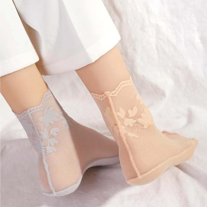 New Summer Short Socks Women Mesh Lace Transparent Lolita Style Invisible Thin Non-slip Short Ankle Black Low Cut Boat Socks