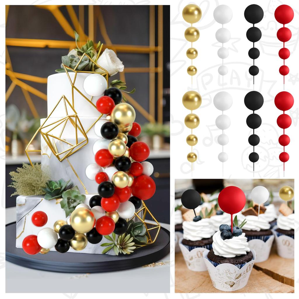 48pcs Red Black Cake Decorations Balls Cake Topper for Birthday Party Wedding Cake Decorating (Black, Red, White, Gold)
