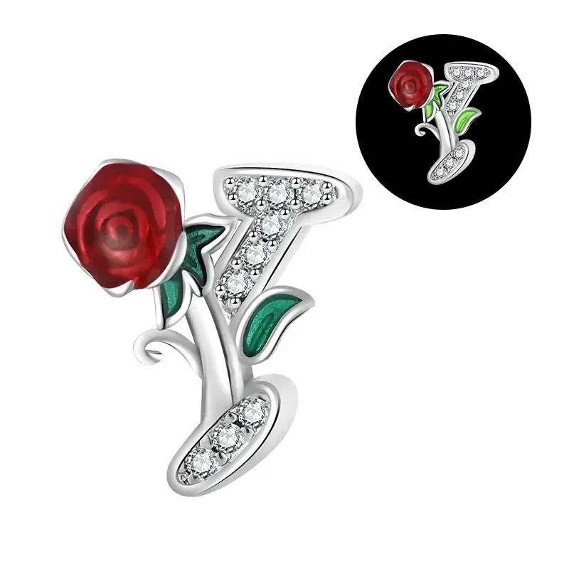 Copper 26 Letter A-Z Red Rose Charms Luminous Bead Fits Genuine Bracelets Do-It-Yourself Beautiful Jewellery Beautiful Gift For Women