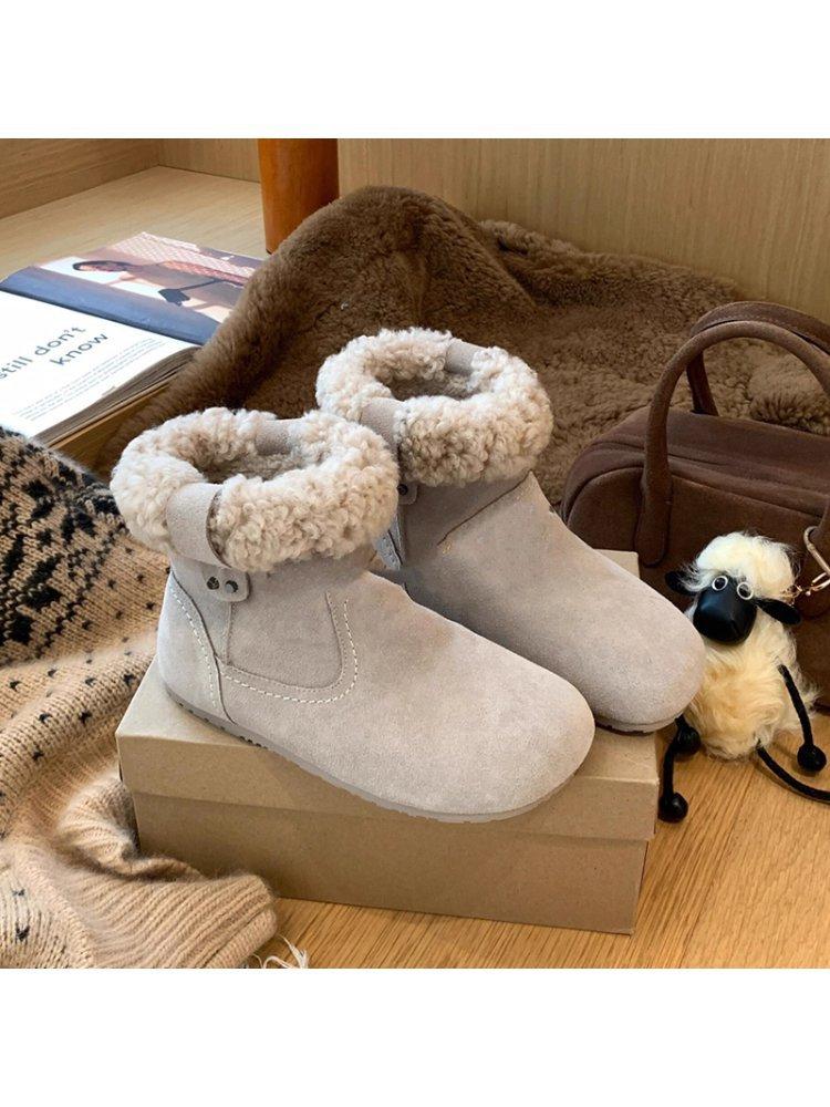 Boken boots women's 2026 winter round toe retro furry short boots flat cotton shoes warm furry snow boots