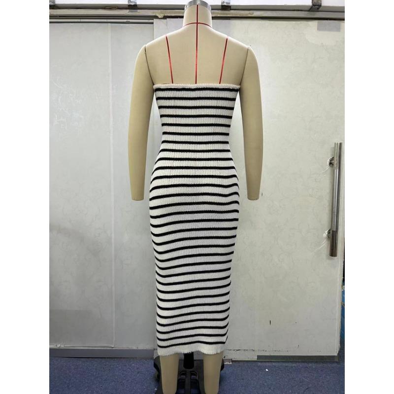 Summer Women's One-Shoulder Sexy Sheath Striped Knit Slim Hip Dresses