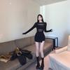 Spice Girl Sexy Mesh Black Long Sleeve Dress Women's Autumn New Black Slim Skinny Buttocks Short Dress