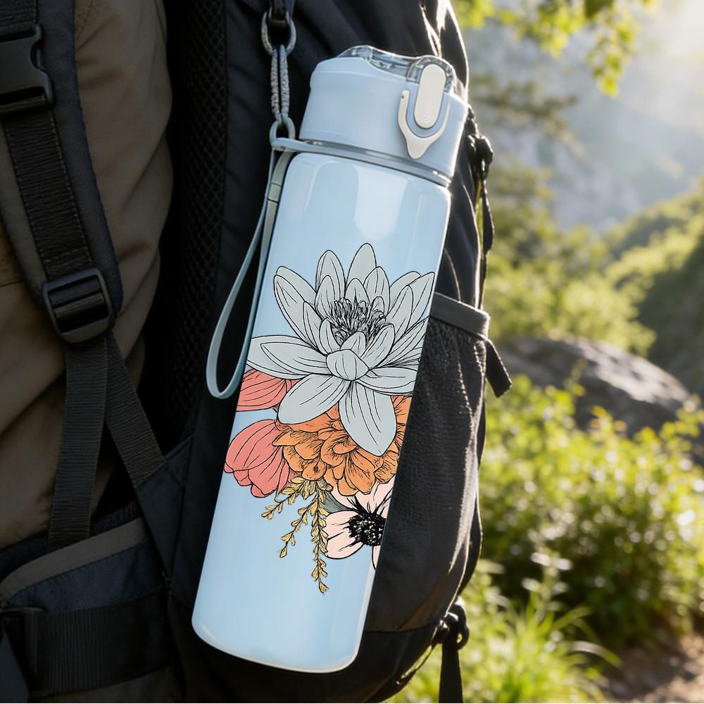 1PC Mixed Tone Daisy Floral Bouquet Print 750ml Color Plastic Sports Water Bottle Leakproof Flip Straw Lid Suitable for Sports Office Home Use