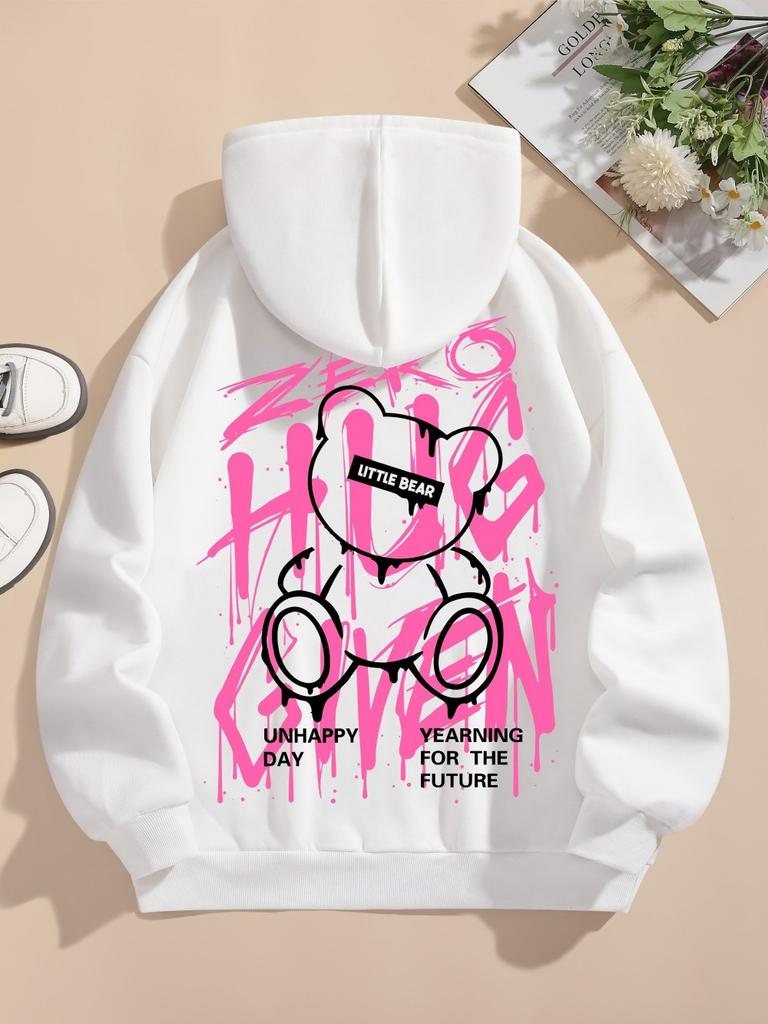2025 Fashion Men's Autumn Teddy Bear Graffiti Printed Soft and Comfortable Hooded Sweatshirt Outdoor Street Versatile Clothing