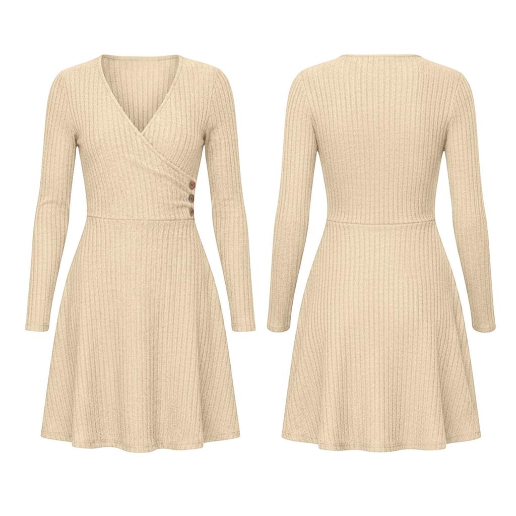 Abito Donna a Coste, Scollo a V Manica Lunga Linea ad A con Vita Sagomata per Uso Casual