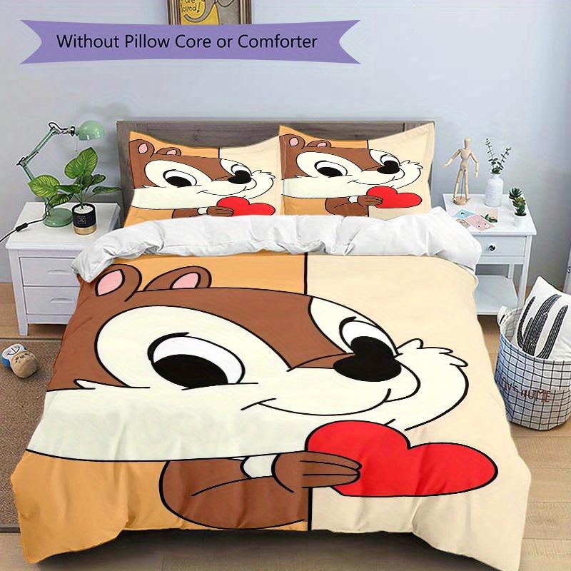 3pcs Chip & Dale Cartoon Squirrel Holding Heart Shaped Pattern Bedding Set, 1* Cover + 2*Pillowcases, Printed Bedding Set, Soft and Comfortable,