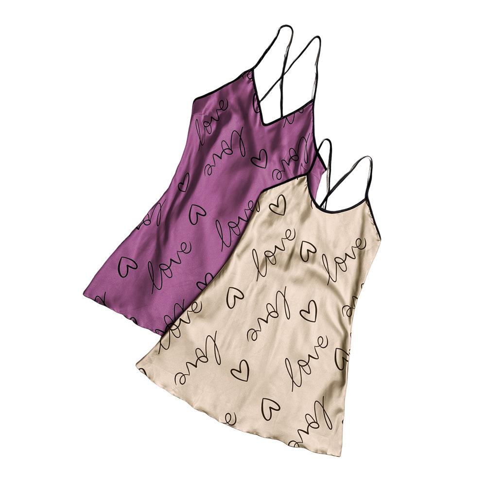 2 Stylish and Breathable Silk Print Slip Nightdress Sexy Halter Pajamas