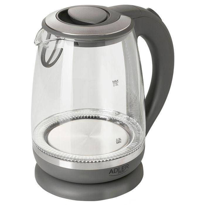 Bouilloire Électrique en Verre 2 Litre, Intérieur Éclairé, sans Fil Adler AD1286 2200W Gris 34230