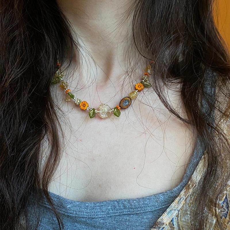 Hawaiian Style Colorful Plant Flower Czech Bead Pendant Acrylic Summer Collarbone Chain Women's Party Gift