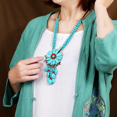 Handmade Ethnic Style Turquoise Flower Necklace Women's Medium and Long Temperament Personalized Sweater Chain Fringed Pendant with Jewelry