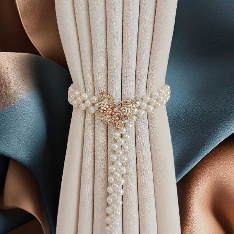 2Pcs Elegant and Cute Stretchable Adjustable Curtains with Golden Butterfly Shape and White Artificial Pearls