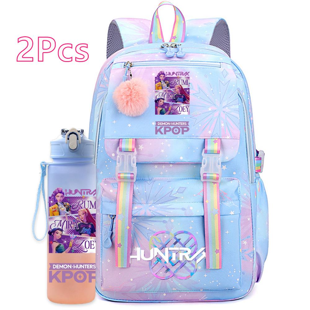2 ks/sada Roztomilý Anime Kpop Potištěný Batoh s 750ml Lahví na Vodu Cestovní Taška s Velkou Kapacitou pro Dívku Teenagera Chlapce Školní Taška Dětský Dárek Mochila