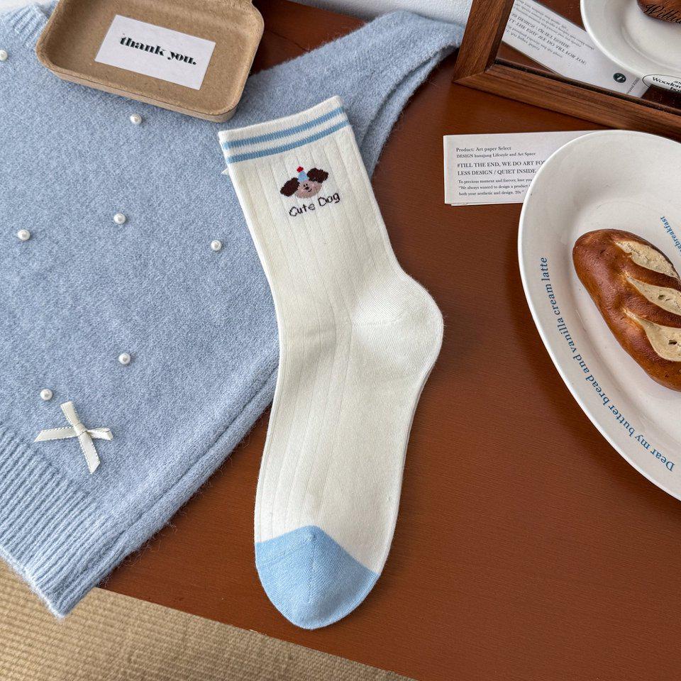 Forest-Style Puppy Cartoon Mid-Calf Cotton Women's Socks – Comfortable, Breathable, Embroidered, Seamless Slouch Design