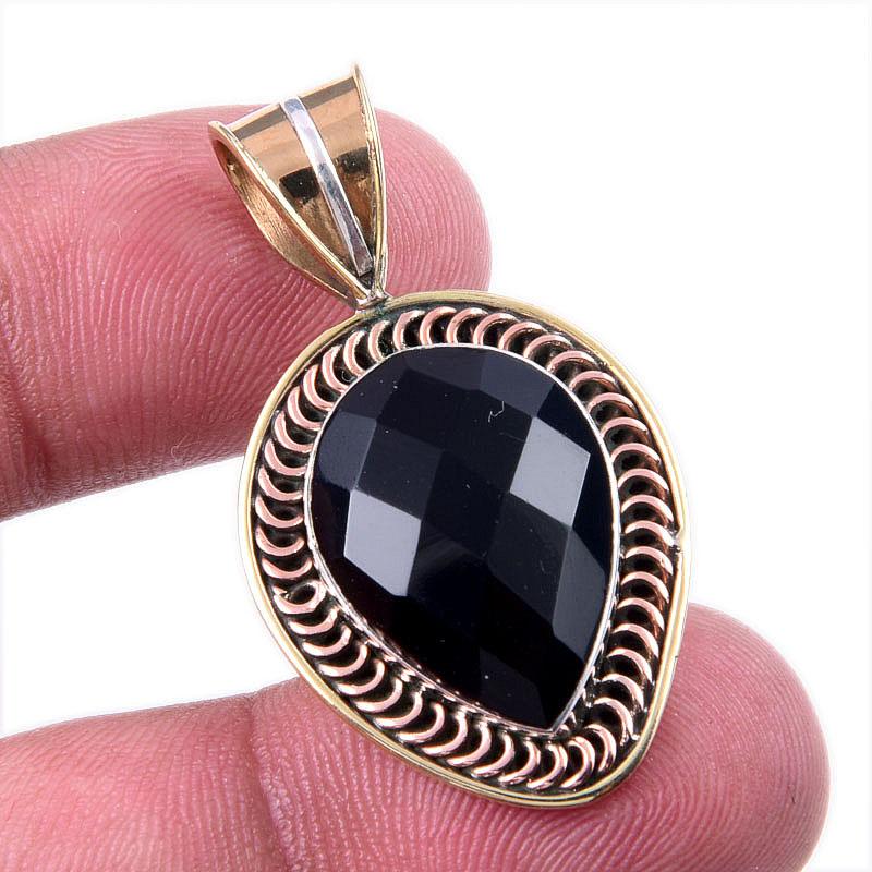 

Natural Black Onyx Gemstone 925 Solid Sterling Silver TwoTone Pendant 1.50 K0U27