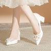Women's Chunky Heel Satin Bridal Shoes - Pointed Toe with Floral Design for Weddings and Engagements
