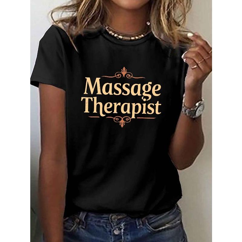

European size Massage Therapist vintage style print t-shirt, short sleeve crew neck casual top for summer & spring, Women s clothing 4XL