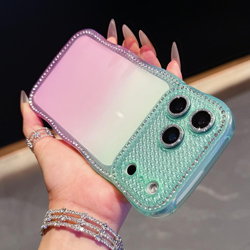 KEYSION Rhinestone Phone Case for iPhone 13 14 15 16 17 Pro Max 17 Air 16 Plus Transparent Wavy Lens Protector Shockproof Back Cover