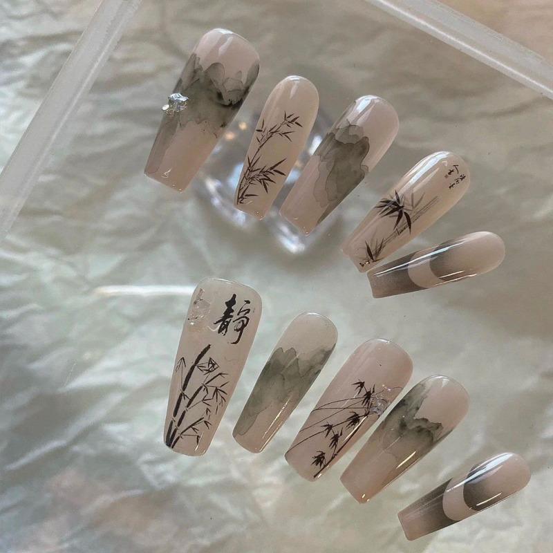 Plum Blossom Green Bamboo Nail Art Sticker New Chinese Style WhiteThree-dimensional Chinese Feng Shui Ink Red Bamboo Ancient Style Adhesive Nail Decal