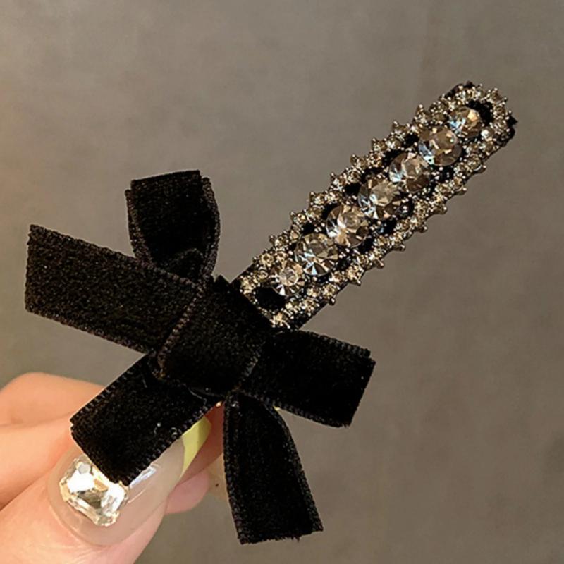 1PCS Black Velvet Hair Clips Hair Clips Glitter Diamonds,Premium Rhinestones Bow Duckbill Clips Forehead Shattered Hair Clips
