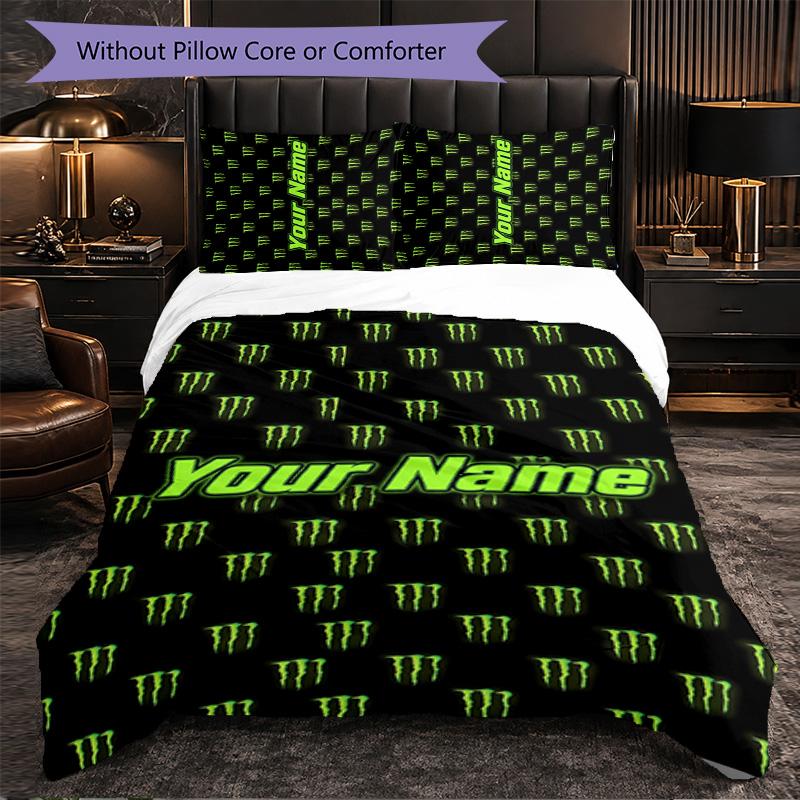 Monster Energy Customized Name Text Bedding Set, 1 Duvet Cover & 2 Pillowcases Personalized Bedroom Gift