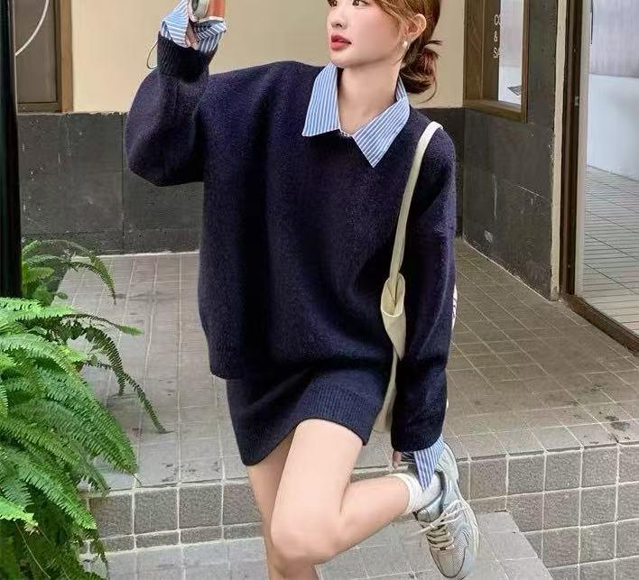 Women's Color Block Two-Piece Shirt Collar Sweater - Lazy Style Autumn Grey Knitwear Set