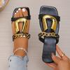 Fashion Women Slippers New Square Toe Open-toe Shoes Clip-toe Flat Metal Buckle Sandals Solid Color Versatile Slippers Slides Women