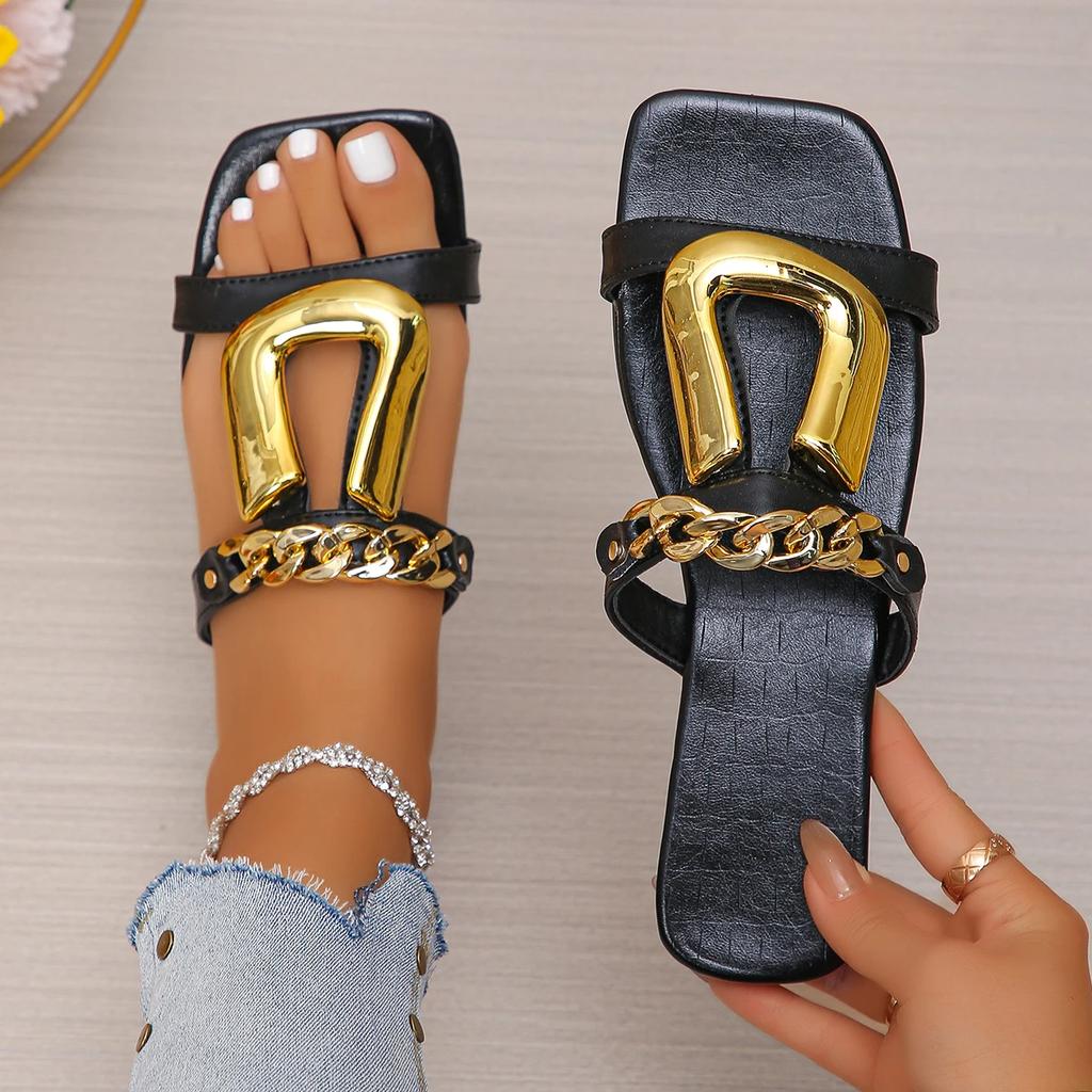 Fashion Women Slippers New Square Toe Open-toe Shoes Clip-toe Flat Metal Buckle Sandals Solid Color Versatile Slippers Slides Women