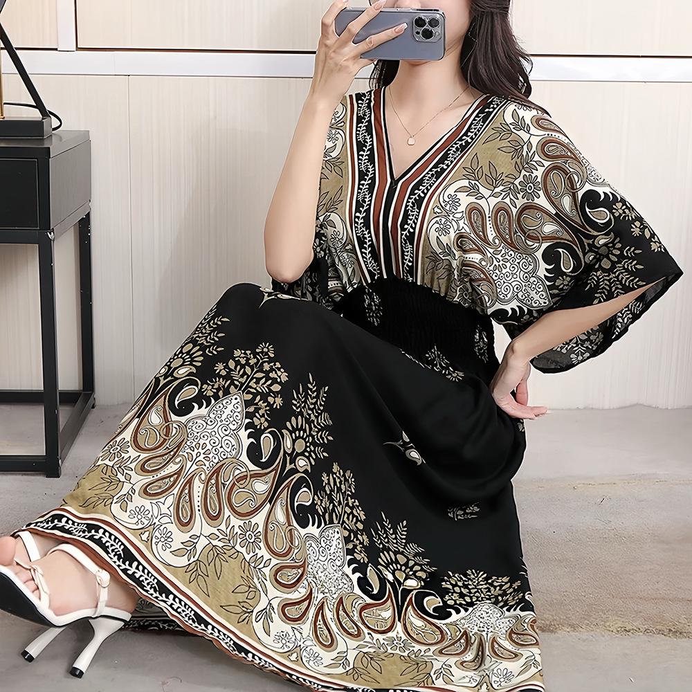 26-Year Floral V-Neck Cotton Silk Batwing Sleeve Beach Dress - Thailand Travel & Vacation Skirt Style