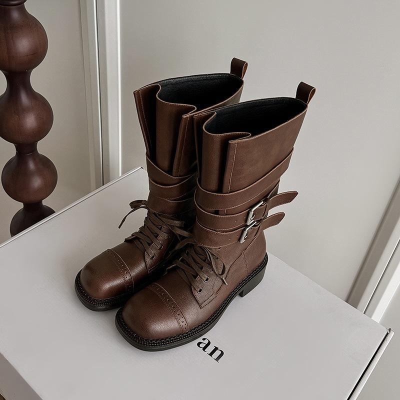 British style lace-up belt buckle thick heel Martin boots women's 2025 new fashion medium tube versatile brown short boots