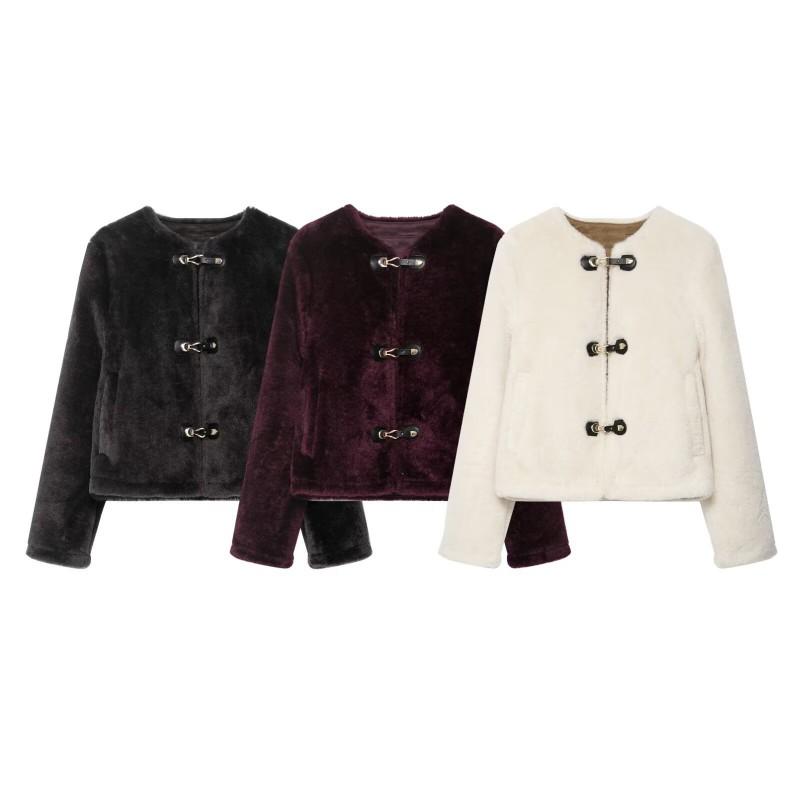 Womens Fall Double-Sided Jacket With Knot Button Street Style Solid Color Outerwear